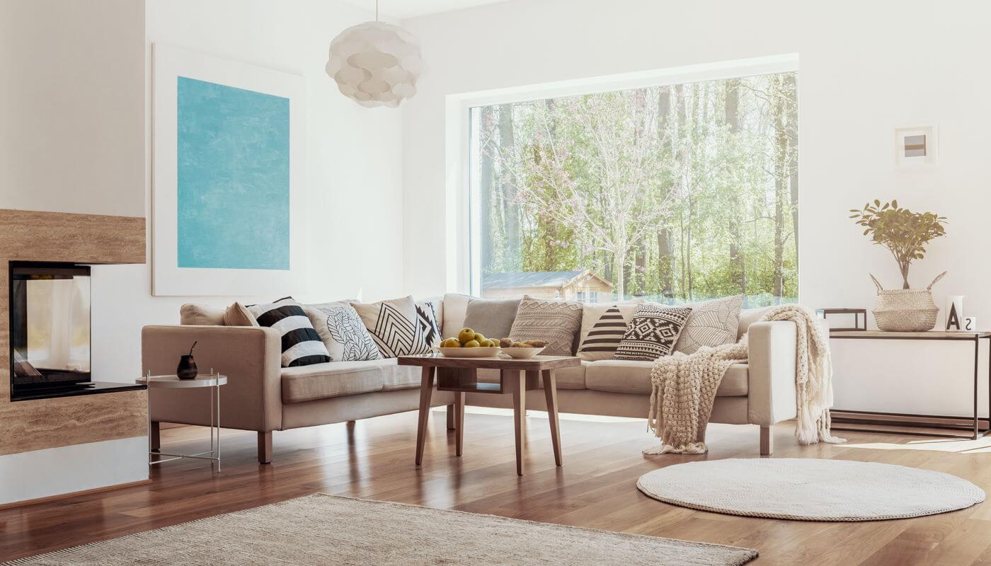 Living room lit by natural light from outside